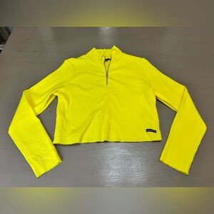 Calvin Klein Ribbed Mock Neck Bright Yellow Zip-Up Crop Top Long Sleeve XL